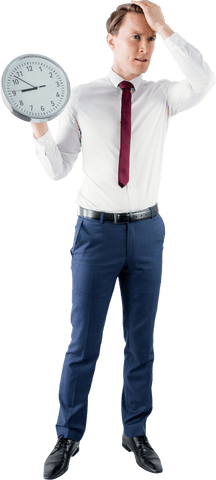 Anxious businessman holding clock in transparent background