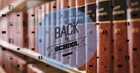 Back to school light symbols over library books
