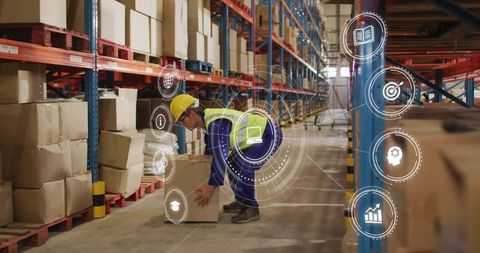Warehouse worker lifting box with digital hud overlay for smart logistics and inventory