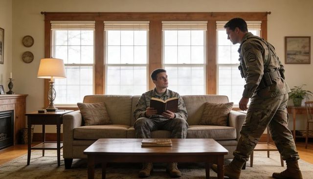 Soldier reading book on sofa while sergeant standing and mentoring in camouflage uniform