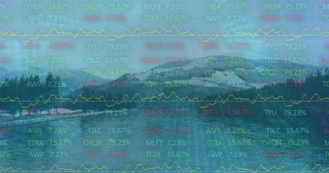 Serene Mountain Reflections Blended with Financial Market Data