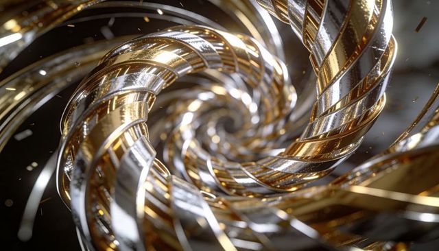 Spiraling gold and silver metallic ribbons creating luxurious reflective abstract swirl