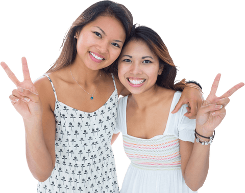 Young Women Making Peace Gesture Smiling Transparent Background