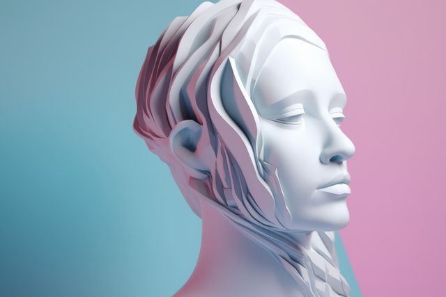 Close up of white face sculpture on pink and blue background, created using generative ai technology. Art and modern abstract face sculpture design concept digitally generated image.