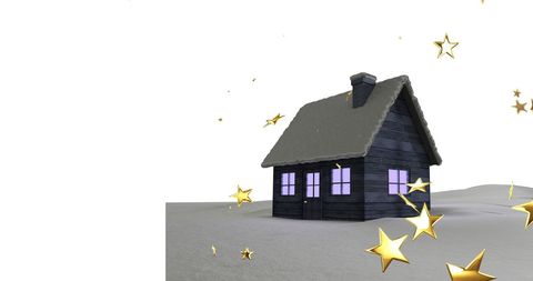 Merry Christmas Winter Scene with Snowy House and Golden Stars