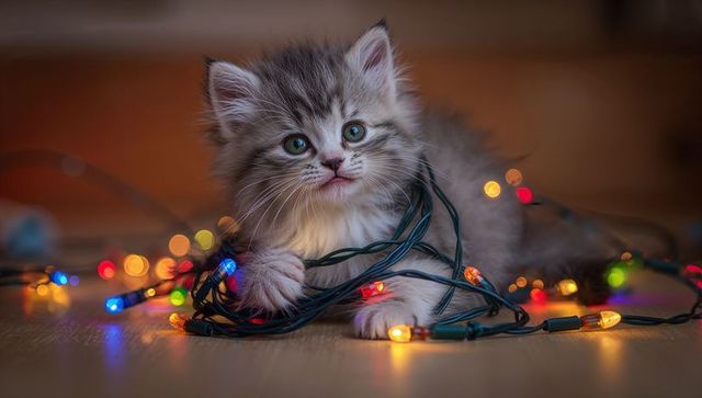 Playful gray-white kitten tangled in colorful holiday lights on warm wood floor bokeh