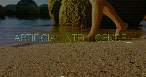 Bare feet stepping on serene seaside with ai text overlay