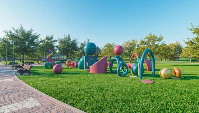 Colorful modular playground sculptures spreading across sunny urban park lawn