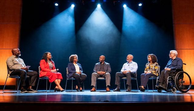 Diverse leadership panel on stage under spotlight with wheelchair inclusion