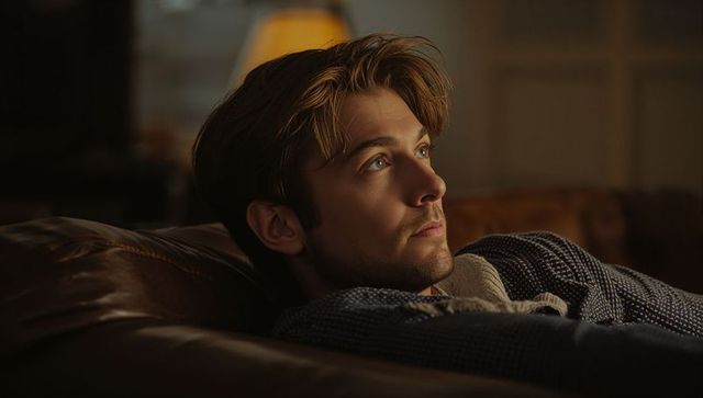 Reclining young man gazing thoughtfully on leather sofa in warm ambient lamp light