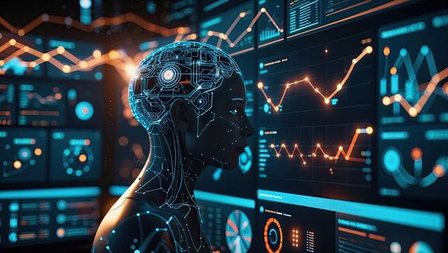Cyborg Scanning Digital Dashboards in High-Tech Environment