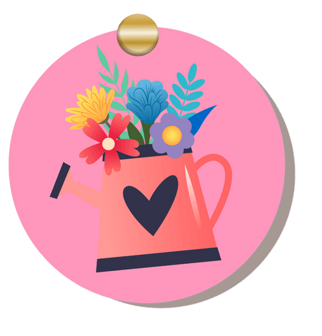 Botanical watering can on coral tag with heart design, transparent