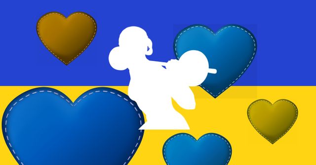 White silhouette of woman working out against multiple heart ions against ukraine flag background. ukraine crisis concept