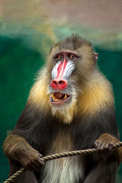 Mandrill Monkey Holding Rope with Surprised Expression - Download Free Stock Photos Pikwizard.com