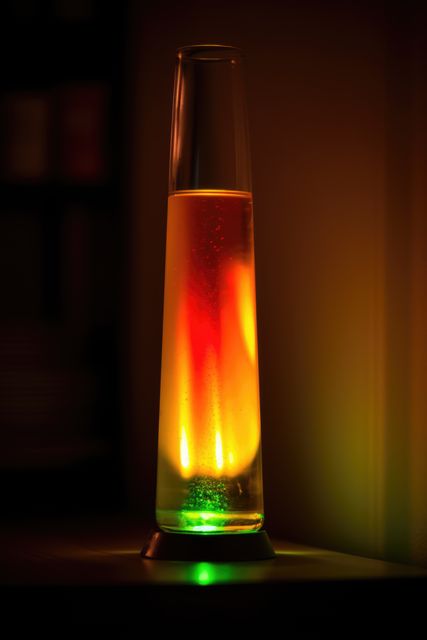 Colourful lava lamp on table in dark room at night, created using generative ai technology. Retro, psychedelic, relaxation and interior decoration lamp concept digitally generated image.