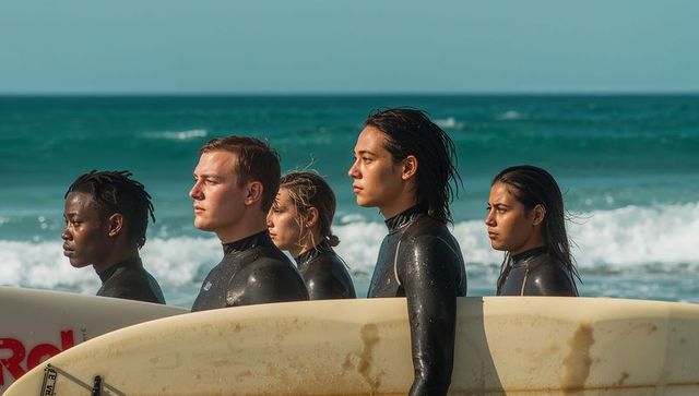 Sunlit multicultural surfers standing holding longboard at ocean shoreline looking forward