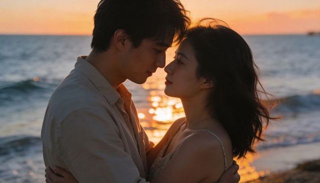 Romantic couple embracing at sunset on beach with golden hour ocean reflection