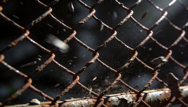 Rusting chain-link fence with backlit dust and cobwebs