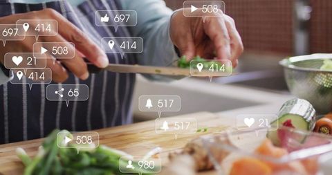 Senior woman chopping vegetables with social media engagement overlays for cooking content