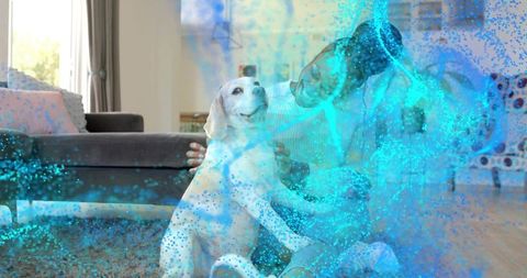 Woman petting content beagle on cozy living room rug with teal particle overlay
