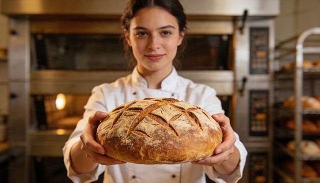 Female baker presenting fresh artisan sourdough loaf holding warm rustic bread in bakery