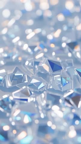 Vertical video tilting, shifting focus over prismatic crystal facets, shimmering patterns