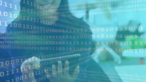 Woman Using Tablet with Binary Code Overlay in Modern Workspace