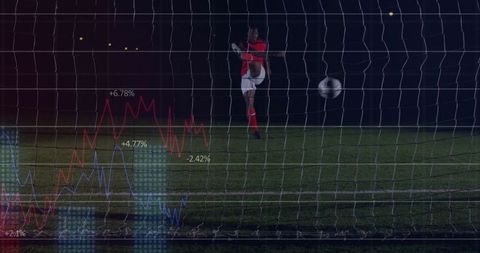 Soccer Player Kicking Ball with Data Overlays on Night Field