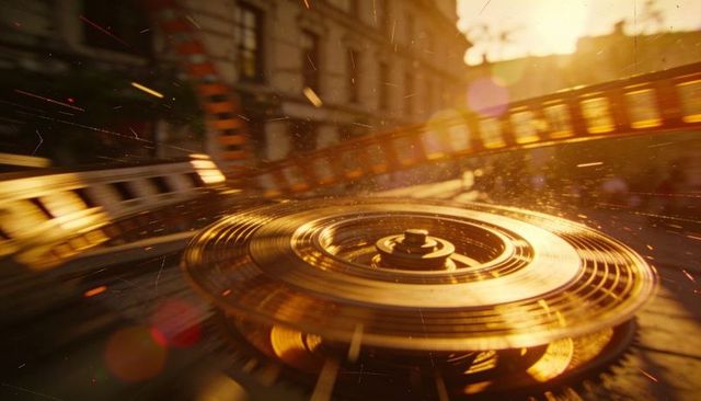 Spinning vintage film reel with glowing film strip, cinematic lensflare and motion blur