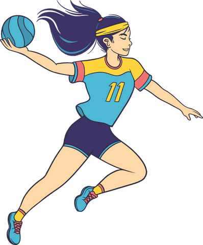 Dynamic Female Athlete Leaping with Turquoise Ball on Transparent Background