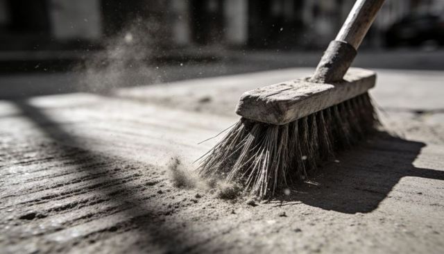 Sweeping broom kicking dust on textured concrete with sunlit particles and shadow lines
