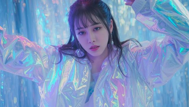 Futuristic Fashion with Iridescent Jacket and Tinsel Background