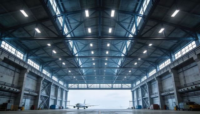 Centering single-aisle jet inside vast hangar with open doorway, steel trusses and skylights