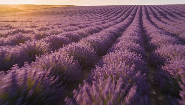 Sunlit lavender field at golden hour with endless purple rows and dramatic leading lines