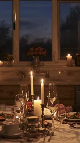 Vertical Video Candlelit Dinner Flickering Candles on Glassware in Rustic Kitchen at Dusk