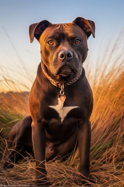 Pit bull terrier with a brown coat sitting attentively in tall grass with a golden sunset backdrop. This image is perfect for use in pet care advertisements, nature scenes, autumn themed decorations, and animal magazines. It can convey themes of loyalty, vigilance, and beauty of nature.