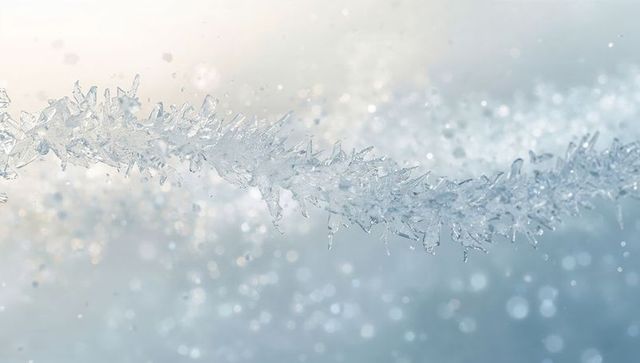 Glittering ice crystals forming along frost strand catching morning light with soft bokeh