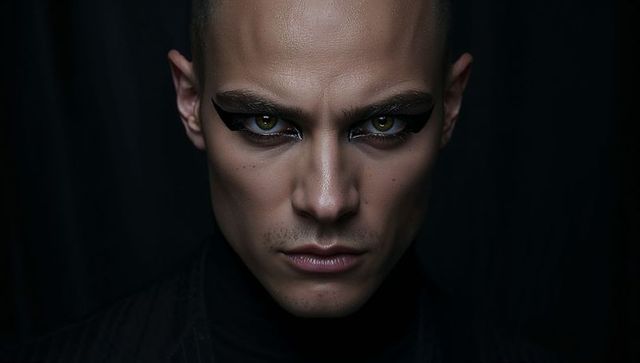 Staring male model wearing winged eyeliner and pinstripe jacket, dramatic low-key portrait