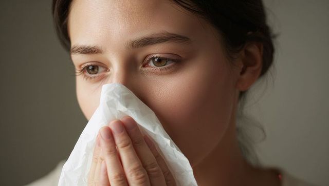 Woman seeking comfort holding tissue for wellness, health concept