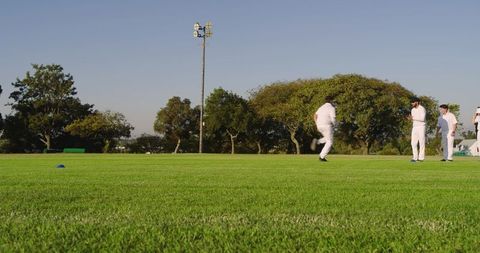 Diverse male cricket teammates jogging across sunny grass field during training session