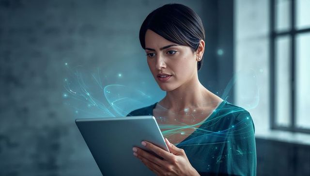 Young professional woman interacting with holographic tablet and digital data streams