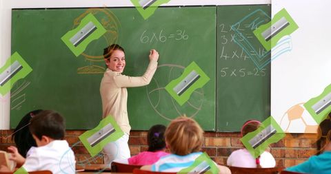 Diverse Kids Learning in Classroom with Supplies Graphic Overlay - Download Free Stock Images Pikwizard.com