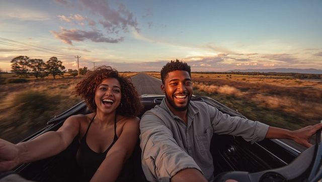 Young couple taking selfie while driving convertible down rural road at sunset during golden hour