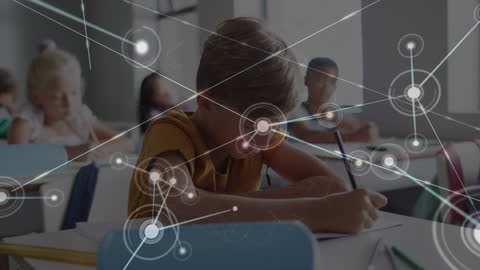 Young Student Engaged in Classroom Learning with Futuristic Connections