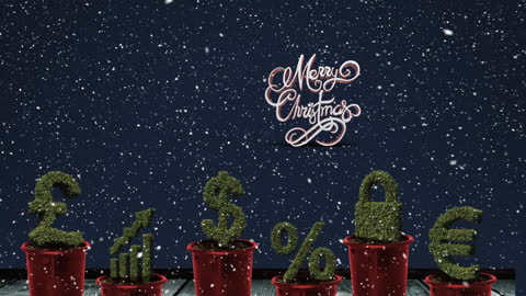 Christmas Finance Symbols in Greenery Under Falling Snow
