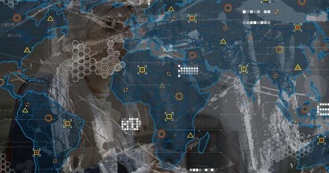 Businesswoman navigating digital world map interface for global analytics