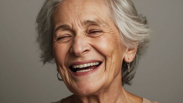 Laughing senior woman with silver hair and warm smile, close-up portrait