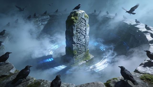 Mystic knotwork moss-covered monolith encircled by blue energy ring and perching ravens