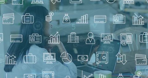 Woman Engaging in Virtual Business Meeting with Financial Analytics Icons