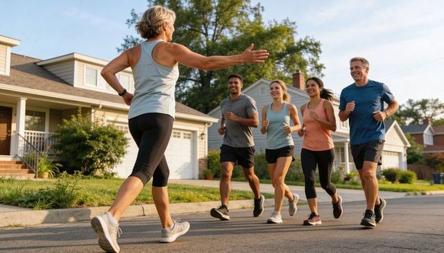Senior woman greeting morning running group on suburban street with fitness tracker